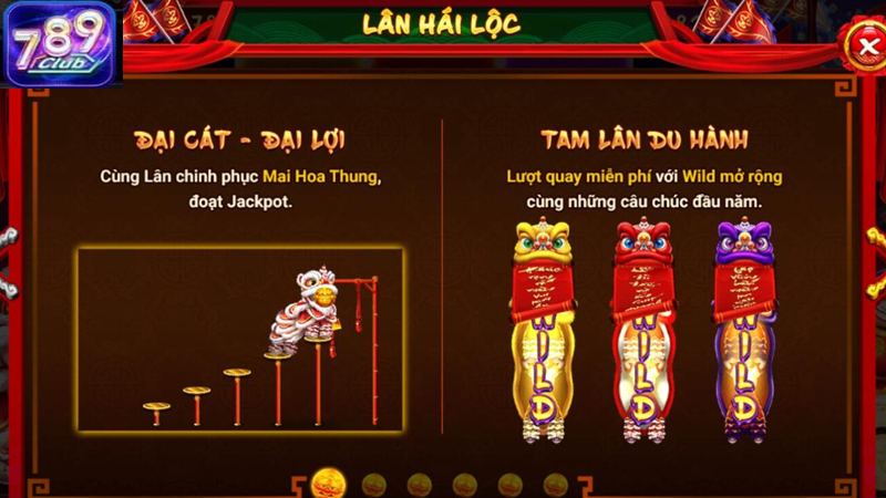 Lân Hái Lộc 789Club có các biểu tượng như con lân, bao lì xì, hoa mai